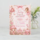 Invitation fée premier anniversaire rose (Debout devant)