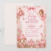 Invitation fée premier anniversaire rose (Devant / Derrière)