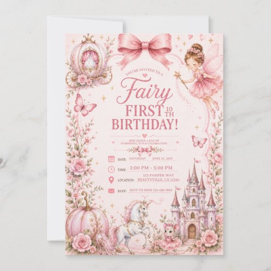 Invitation fée premier anniversaire rose (Devant)