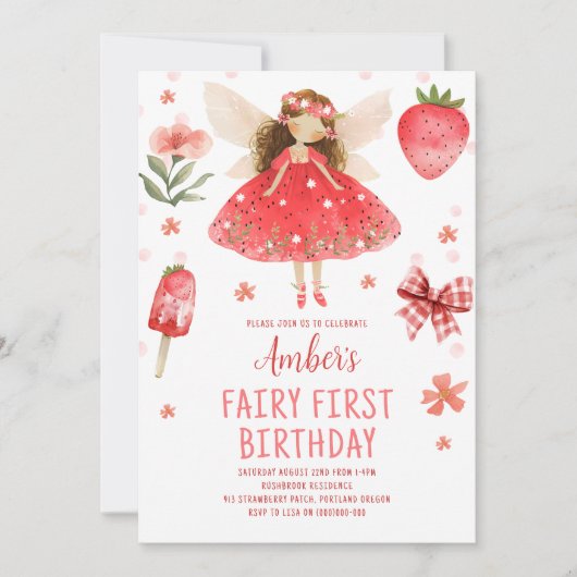 Invitation Fée Première fraise Fée Fée Anniversaire (Devant)