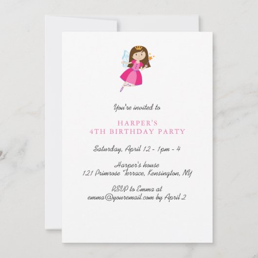 Invitation Fée princesse rose de fille 4e anniversaire (Dos)