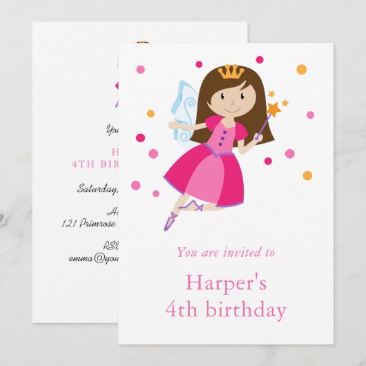 Invitation Fée princesse rose de fille 4e anniversaire (Devant / Derrière)