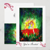 Invitation FÉE RÊVANT SUR UNE FLEUR ROUGE blanc jaune vert (Devant / Derrière)