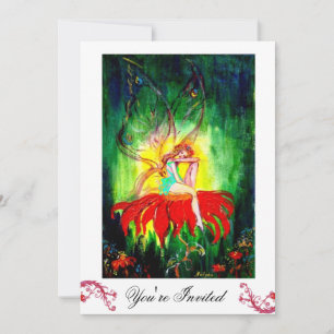 Invitation FÉE RÊVANT SUR UNE FLEUR ROUGE blanc jaune vert