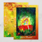 Invitation FÉE RÊVANT SUR UNE FLEUR ROUGE  jaune vert (Devant / Derrière)