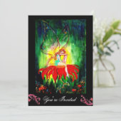 Invitation FÉE RÊVANT SUR UNE FLEUR ROUGE noir jaune vert (Debout devant)