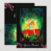 Invitation FÉE RÊVANT SUR UNE FLEUR ROUGE noir jaune vert (Devant / Derrière)