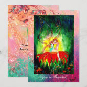 Invitation FÉE RÊVANT SUR UNE FLEUR ROUGE rose jaune vert (Devant / Derrière)