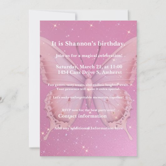 Invitation Fée rose (Dos)