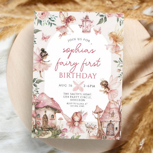 Invitation Fée Rose Fleurie 1er Anniversaire Fille
