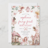 Invitation Fée Rose Fleurie 1er Anniversaire Fille (Devant)