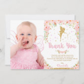 Invitation Fée rose Floral 1er anniversaire Merci (Devant)