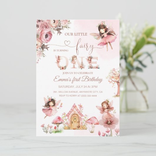 Invitation Fée rose magique Princesse Premier anniversaire fê (Debout devant)