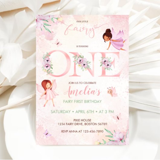 Invitation Fée rose rousse Premier anniversaire Fille 1er ann