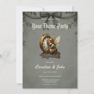 Invitation Fée Steampunk avec ailes d'or et horloge antique