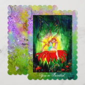 Invitation FÉE SUR FLEUR ROUGE Pailletant de violet, jaune et (Devant / Derrière)