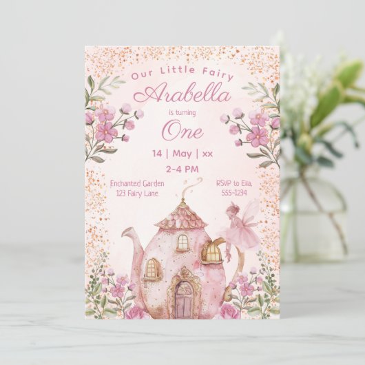 Invitation Fée Tea Party Blush rose Fleurs Fille Anniversaire (Debout devant)