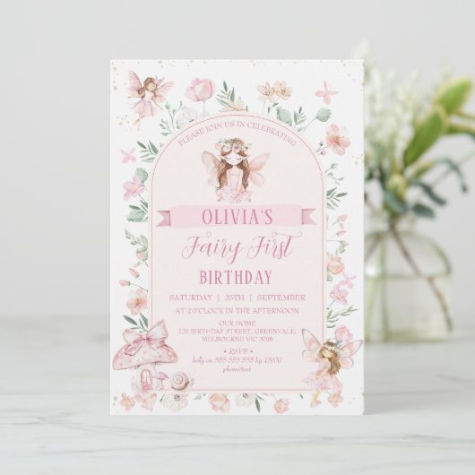 Invitation Fée Whimsical Pink Arch Premier anniversaire Anniv (Debout devant)