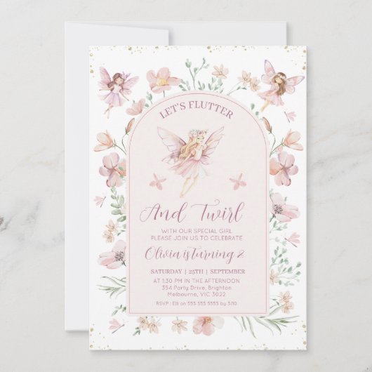 Invitation Fées de l'arche rose florale Flutter Twirl Anniver (Devant)
