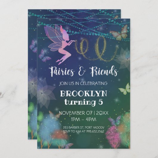 Invitation Fées Et Amis Parties scintillant Papillon Annivers (Devant / Derrière)