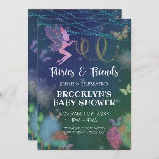 Invitation Fées Et Amis Parties scintillant Papillon Baby sho (Devant / Derrière)