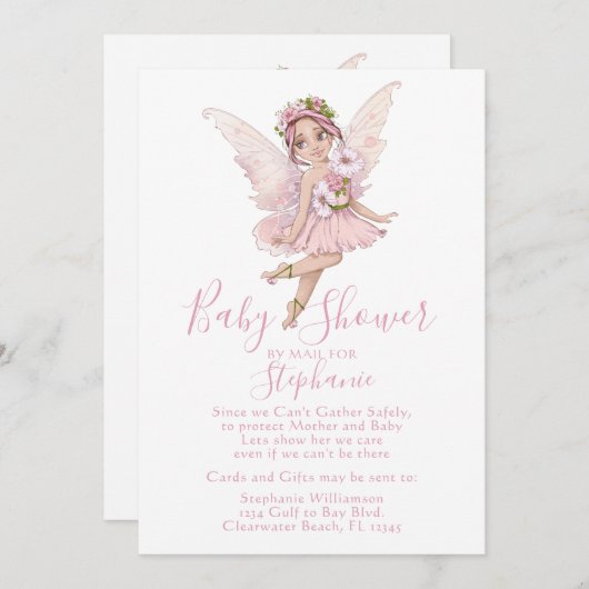 Invitation Fées et fleurs "Douche par la poste" Bébé Fille (Devant / Derrière)