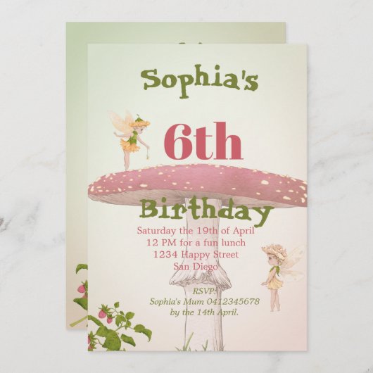 Invitation Fées Filles Age mignonne Vert Anniversaire (Devant / Derrière)