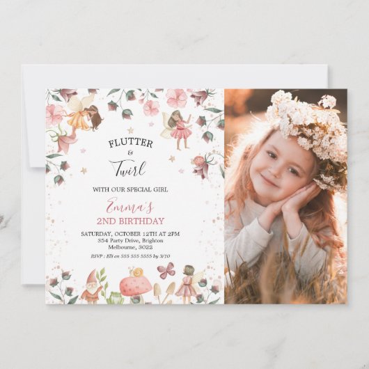 Invitation Fées florales Filles Photo Fête d'anniversaire (Devant)