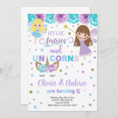 Invitation Fées & licornes invite filles frères et soeurs. (Devant / Derrière)