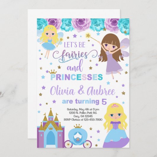 Invitation Fées & princesse filles l'invitation des frères et (Devant / Derrière)