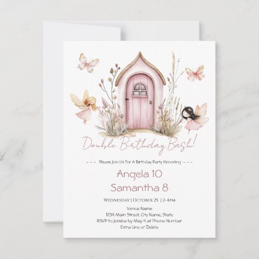 Invitation Fées roses Double Anniversaire Enfants Bassin (Devant)