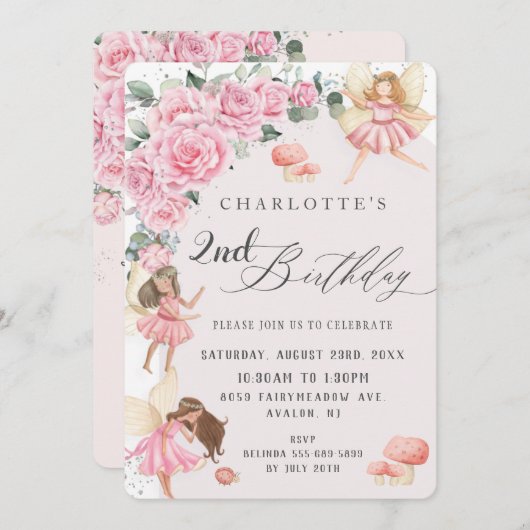Invitation Fées Roses roses Arch fête d'anniversaire (Devant / Derrière)