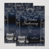 Invitation Fées sorcières fantaisistes argent et bleu magie r (Devant / Derrière)