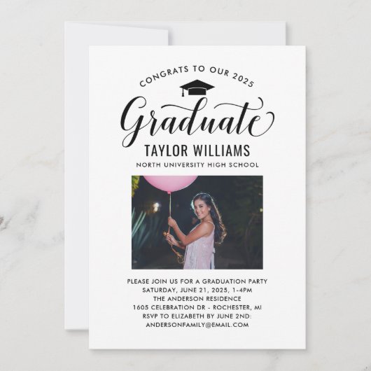 Invitation Félicitations à nos diplômés en noir Script photo (Devant)
