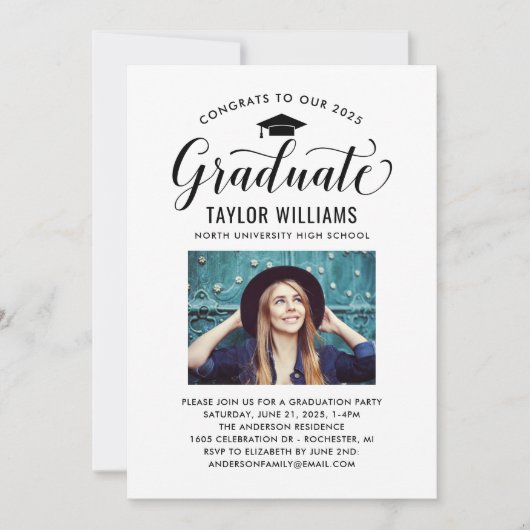 Invitation Félicitations à nos diplômés en noir Script photo (Devant)