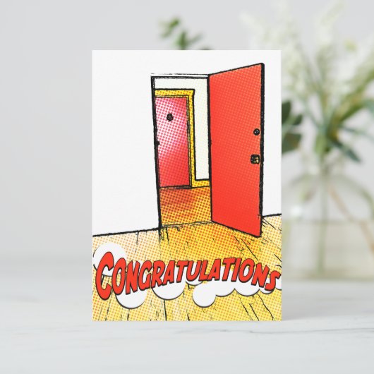 Invitation félicitations comic door (Debout devant)