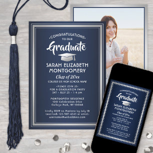 Invitation Félicitations Elegant Navy Blue Graduation Photo