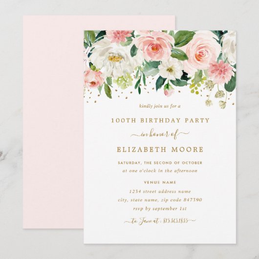 Invitation Félicitations Fleuris Rose Doré 100e Anniversaire (Devant / Derrière)