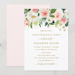 Invitation Félicitations Fleuris Rose Doré 100e Anniversaire