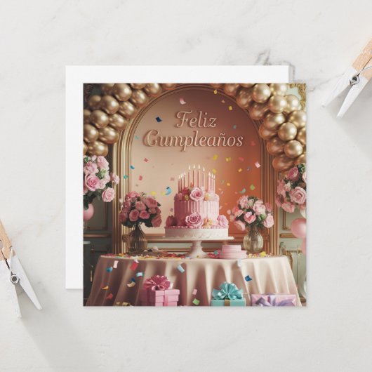 Invitation “Feliz Cumpleaños” Elegant Pink & Gold Birthday (Devant/Arrière en situation)