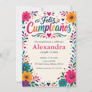 Invitation Feliz Cumpleaños personnalisé Fête florale espagno
