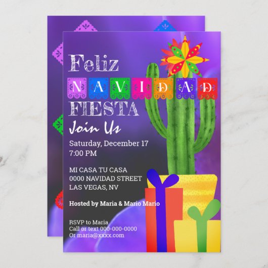 Invitation Feliz Navidad Fiesta Green Cactus Sur Violet (Devant / Derrière)