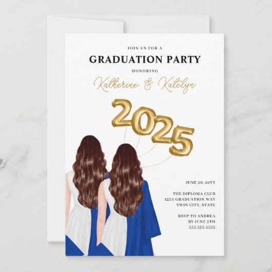 Invitation Female Twins Portrait Graduation Party (Devant)
