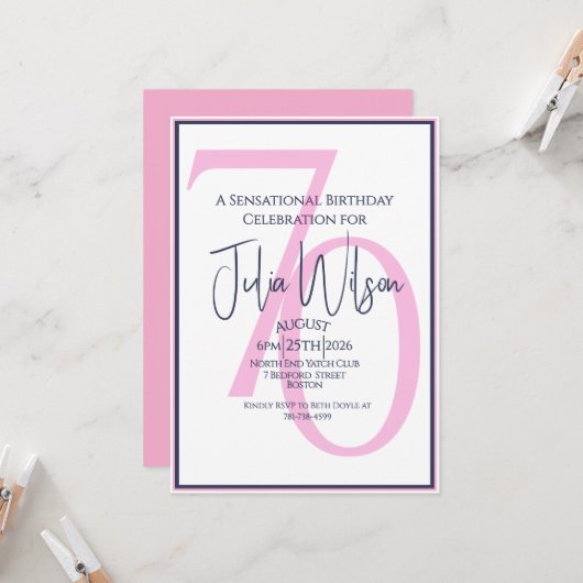 Invitation Féminin Chic Rose 70e Anniversaire (Devant/Arrière en situation)