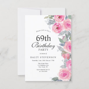 Invitation Féminin Fleurs Aquarelle Rose Élégant 69e Annivers