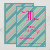 Invitation Feminine 30e anniversaire bleu rose rayé (Devant / Derrière)