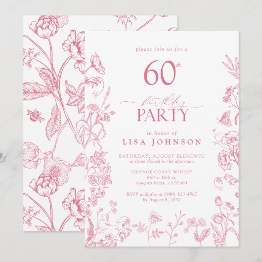 Invitation Feminine 60e fête d'anniversaire rose Victorian Fl (Devant / Derrière)