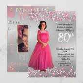 Invitation Feminine 80e anniversaire rose étincelant 2 photo (Devant / Derrière)