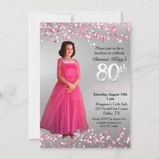 Invitation Feminine 80e anniversaire rose étincelant 2 photo (Devant)