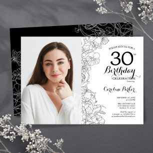 Invitation Feminine Black White Floral Photo 30e anniversaire